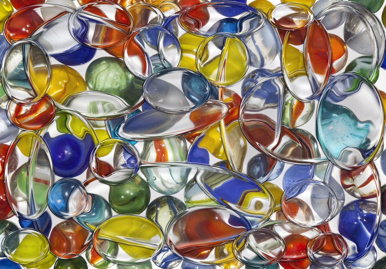 Assorted marbles with shiny reflections